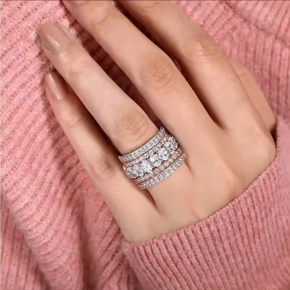 Luxury Two-Tone Wide Ring Full Brilliant Cubic Zirconia Exquisite White Rose 6 - Picture 3 of 5